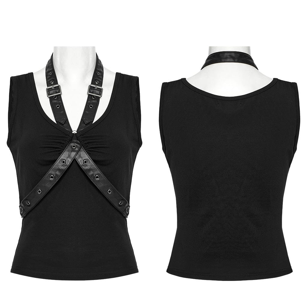 PUNK RAVE Women's Punk Buckle Strap Tank Top
