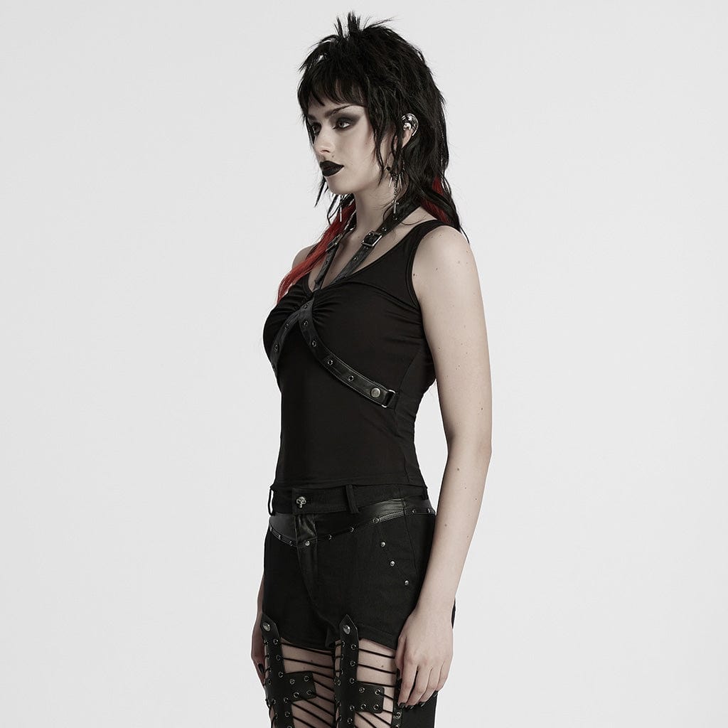PUNK RAVE Women's Punk Buckle Strap Tank Top
