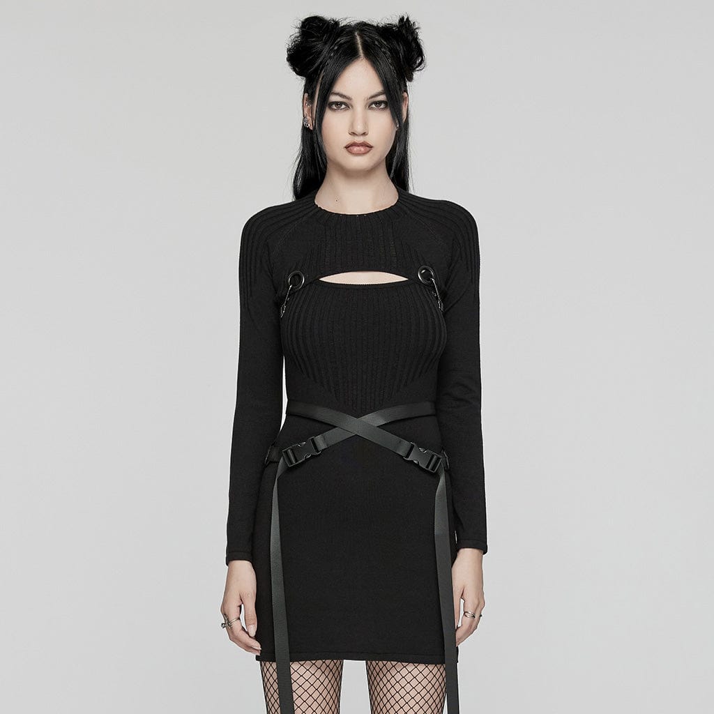 PUNK RAVE Women's Punk Buckle Two-piece Knitted Music Festival Dress