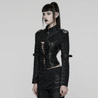 PUNK RAVE Women's Punk Buckle-up Strap  Eyelet Ultra-Short Jacket with Detachable Chain