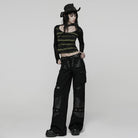 PUNK RAVE Women's Punk Buckle-up strap Mesh Splice Printed T-shirt Black-Green