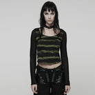 PUNK RAVE Women's Punk Buckle-up strap Mesh Splice Printed T-shirt Black-Green
