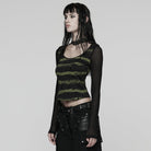 PUNK RAVE Women's Punk Buckle-up strap Mesh Splice Printed T-shirt Black-Green