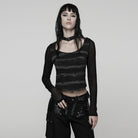 PUNK RAVE Women's Punk Buckle-up strap Mesh Splice Printed T-shirt Black-Grey