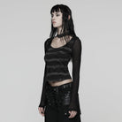 PUNK RAVE Women's Punk Buckle-up strap Mesh Splice Printed T-shirt Black-Grey