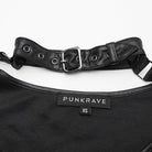 PUNK RAVE Women's Punk Buckle-up strap Mesh Splice Printed T-shirt Black-Grey