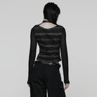 PUNK RAVE Women's Punk Buckle-up strap Mesh Splice Printed T-shirt Black-Grey