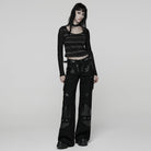 PUNK RAVE Women's Punk Buckle-up strap Mesh Splice Printed T-shirt Black-Grey