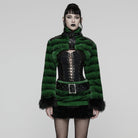 PUNK RAVE Women's Punk Buckle-up Strap Stand Collar Faux Fur Short Cape Green