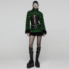 PUNK RAVE Women's Punk Buckle-up Strap Stand Collar Faux Fur Short Cape Green