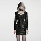 PUNK RAVE Women's Punk Chain Ruched Ruffle Trim Long Sleeve Bodycon Dress