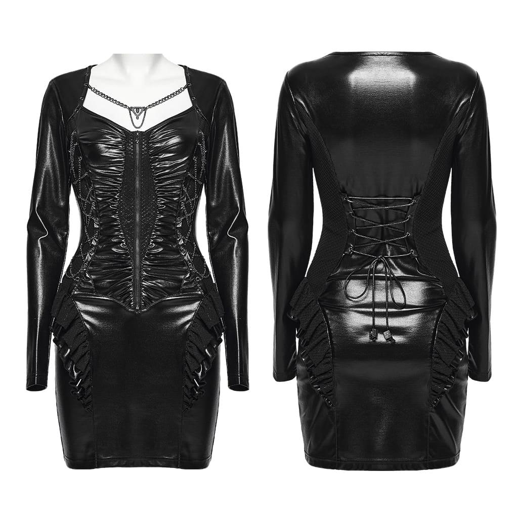 PUNK RAVE Women's Punk Chain Ruched Ruffle Trim Long Sleeve Bodycon Dress