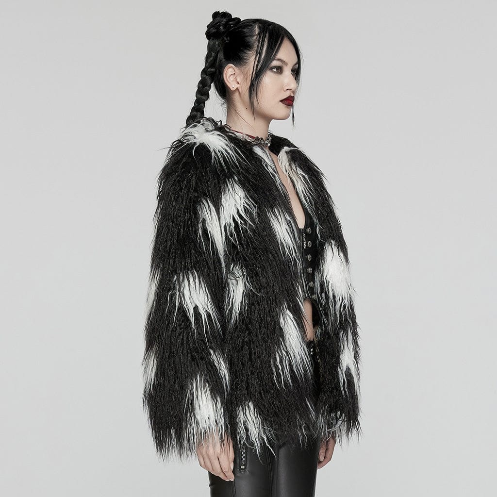 PUNK RAVE Women's Punk Contrast Color Faux Fur Coat Black-white