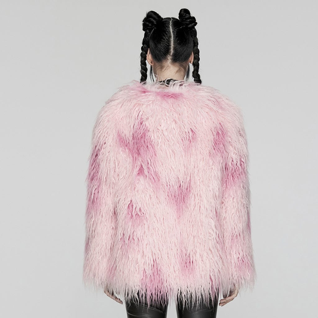 PUNK RAVE Women's Punk Contrast Color Faux Fur Coat Pink