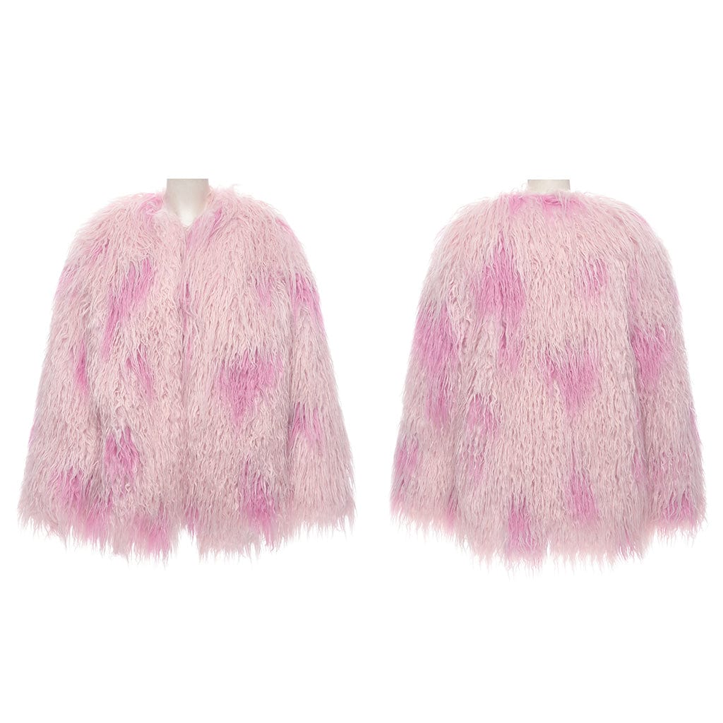 PUNK RAVE Women's Punk Contrast Color Faux Fur Coat Pink