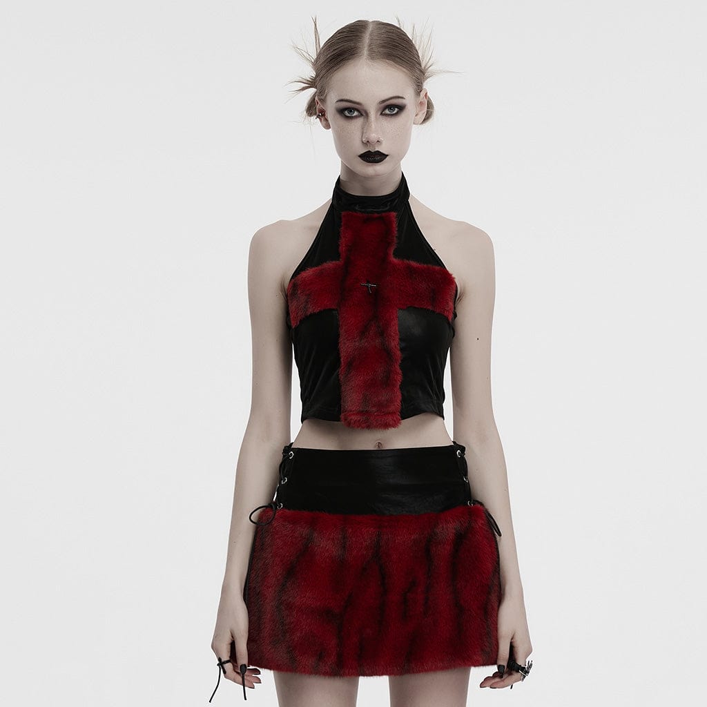 PUNK RAVE Women's Punk Cross Faux Fur Splice Faux Leather Vest