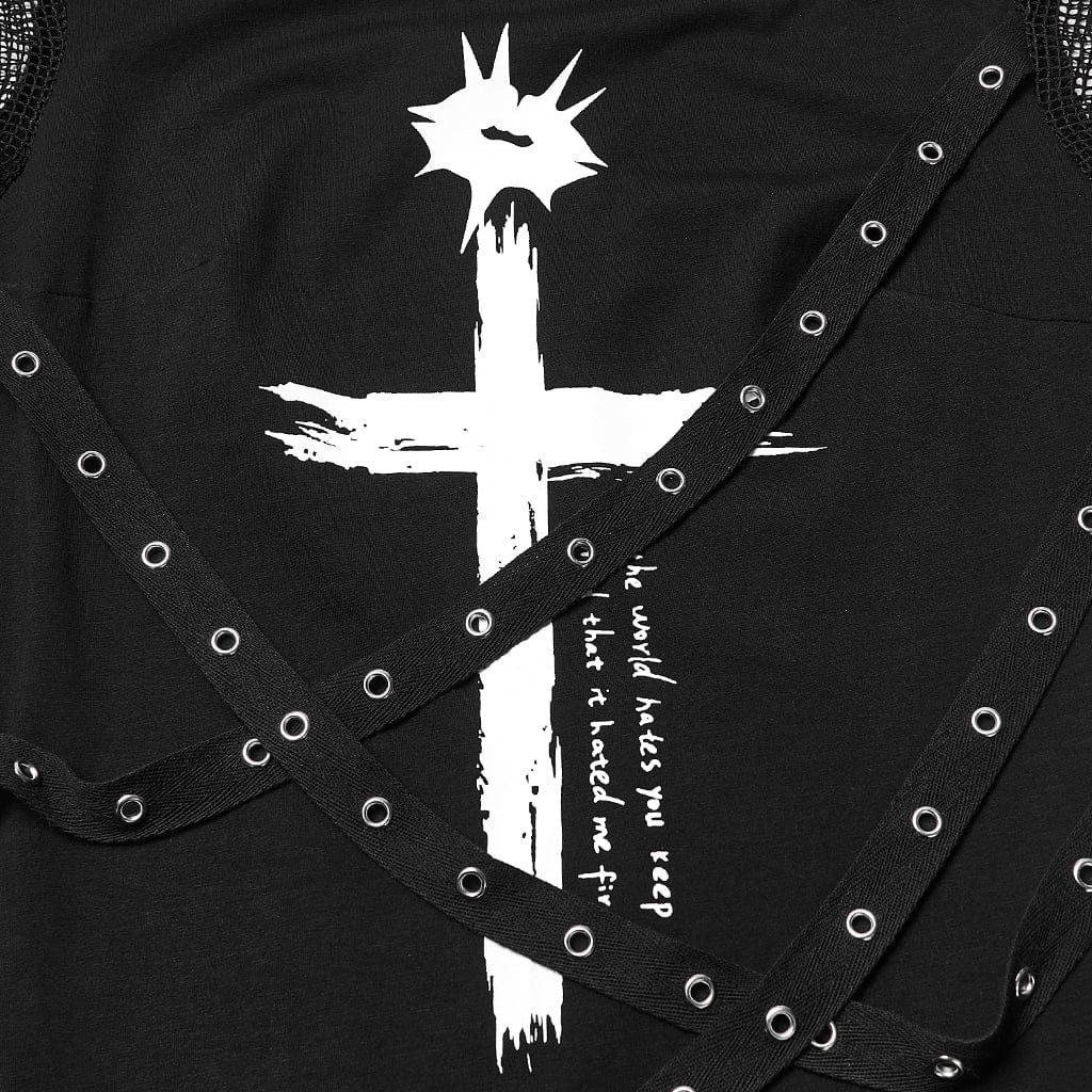 PUNK RAVE Women's Punk Cross Lip Printed Eyelet Straps Short Sleeved Dress