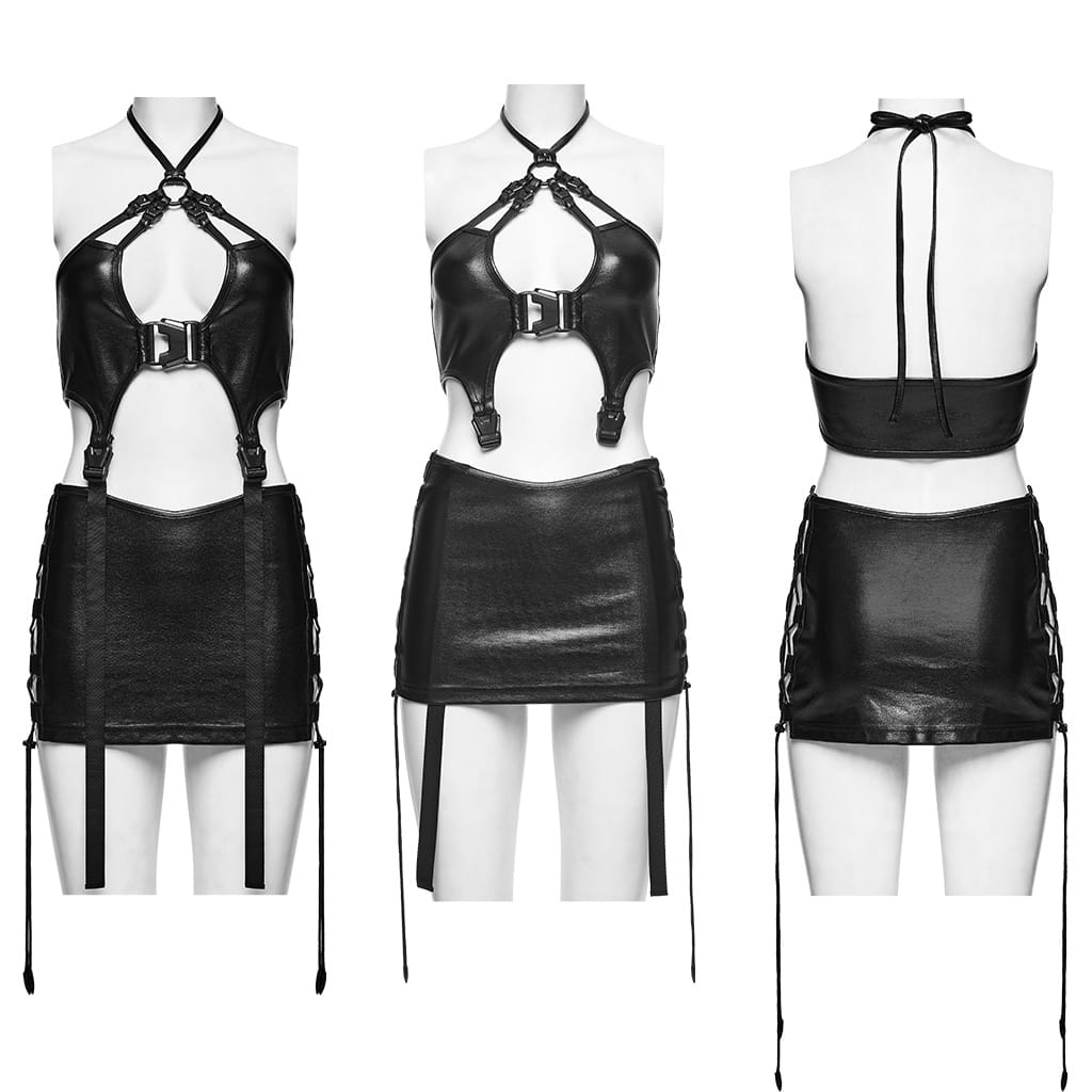 PUNK RAVE Women's Punk Cutout Buckle Strap Halter Lingerie