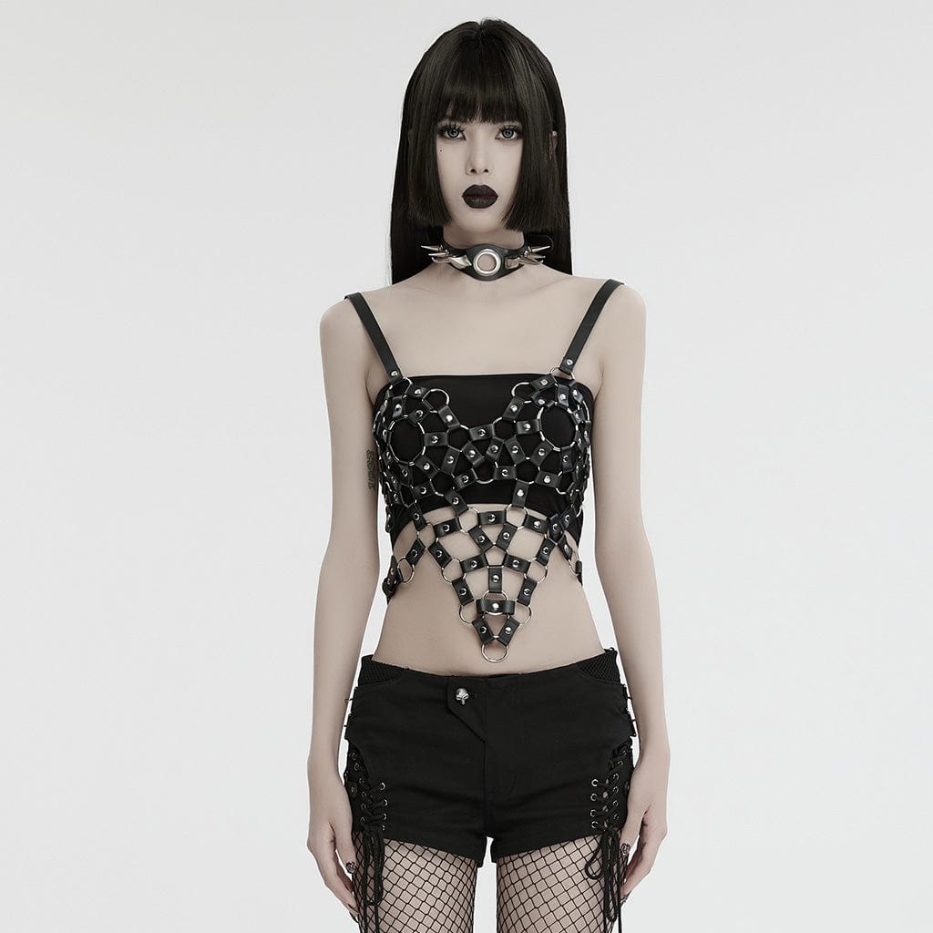 PUNK RAVE Women's Punk Cutout Ring Faux Leather Crop Top