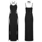 PUNK RAVE Women's Punk Cutout Side Slit Lace-Up Halter Slip Dress