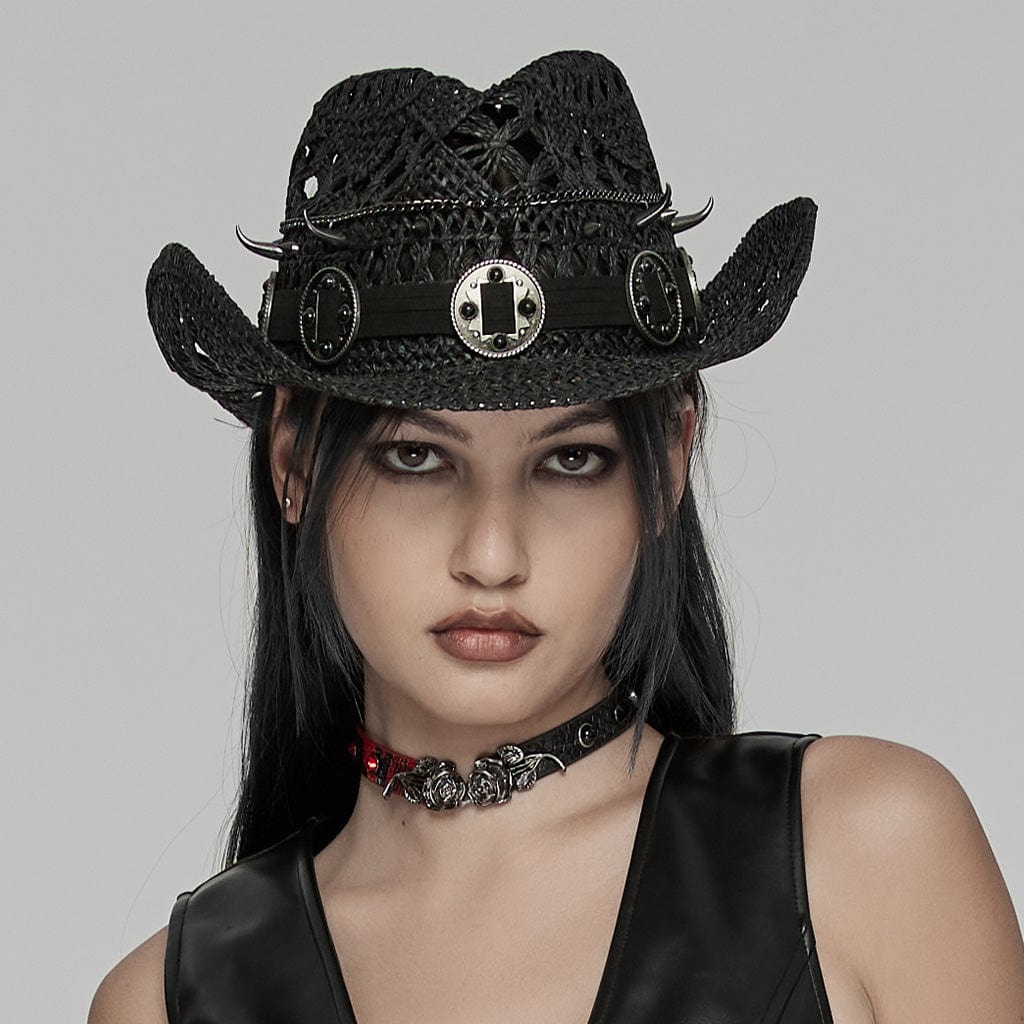 PUNK RAVE Women's Punk Cutout Studded Woven Hat Black