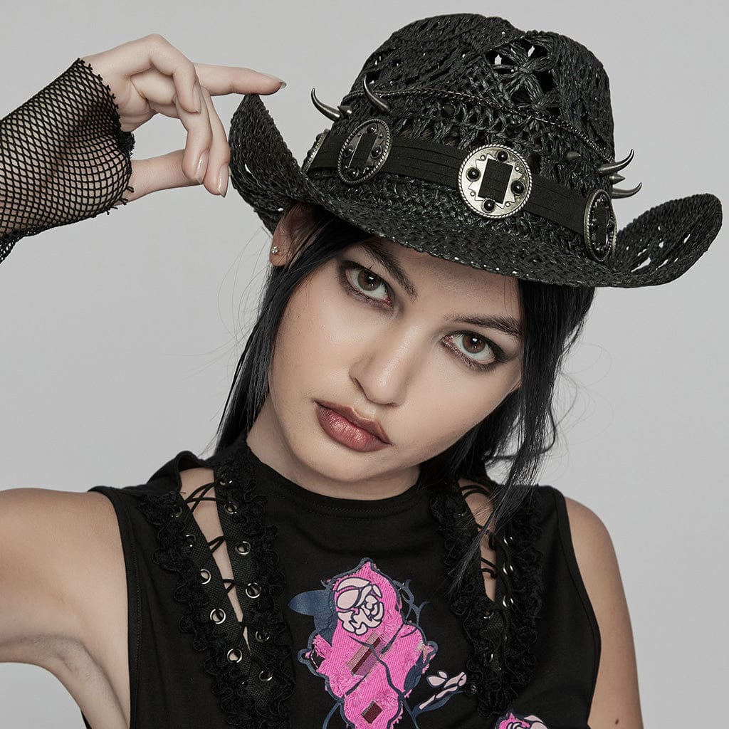 PUNK RAVE Women's Punk Cutout Studded Woven Hat Black