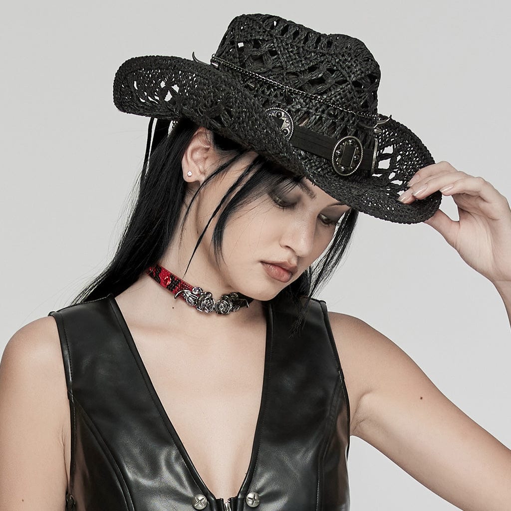 PUNK RAVE Women's Punk Cutout Studded Woven Hat Black