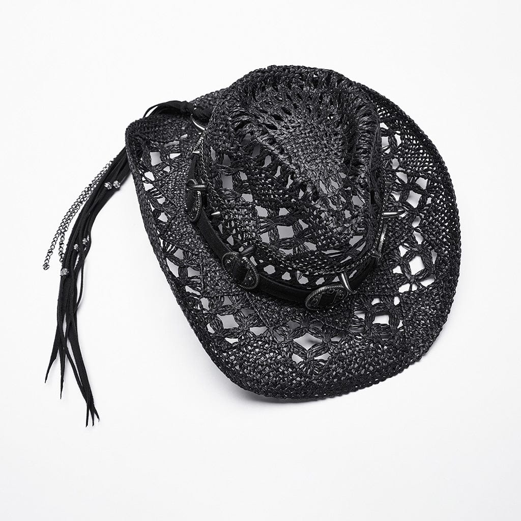 PUNK RAVE Women's Punk Cutout Studded Woven Hat Black