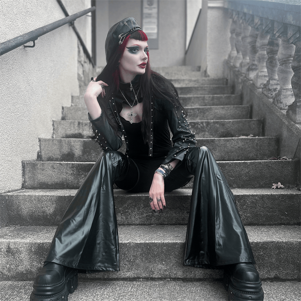 PUNK RAVE Women's Punk Eyelet Leggings with Faux Leather Leg Warmers