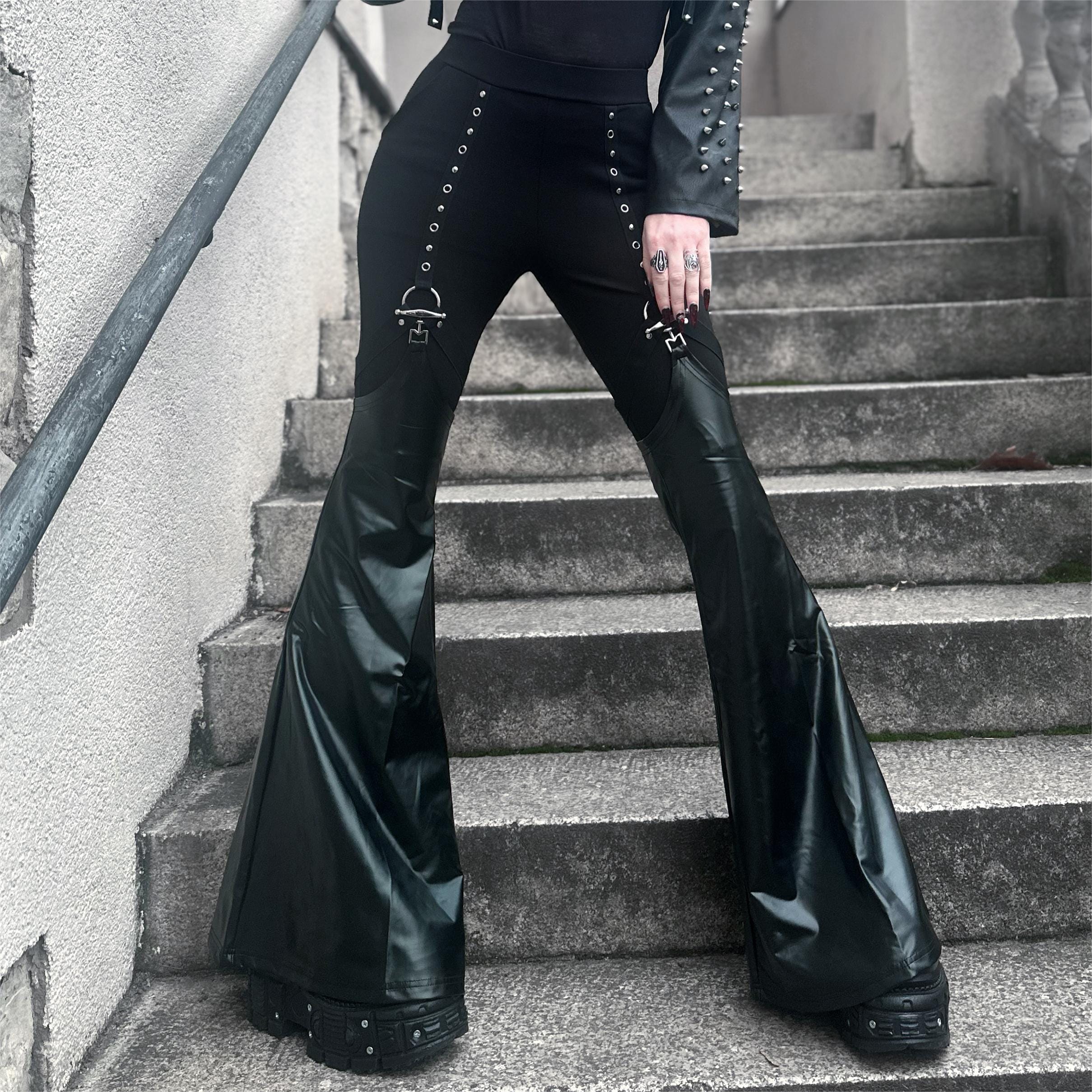 PUNK RAVE Women's Punk Eyelet Leggings with Faux Leather Leg Warmers