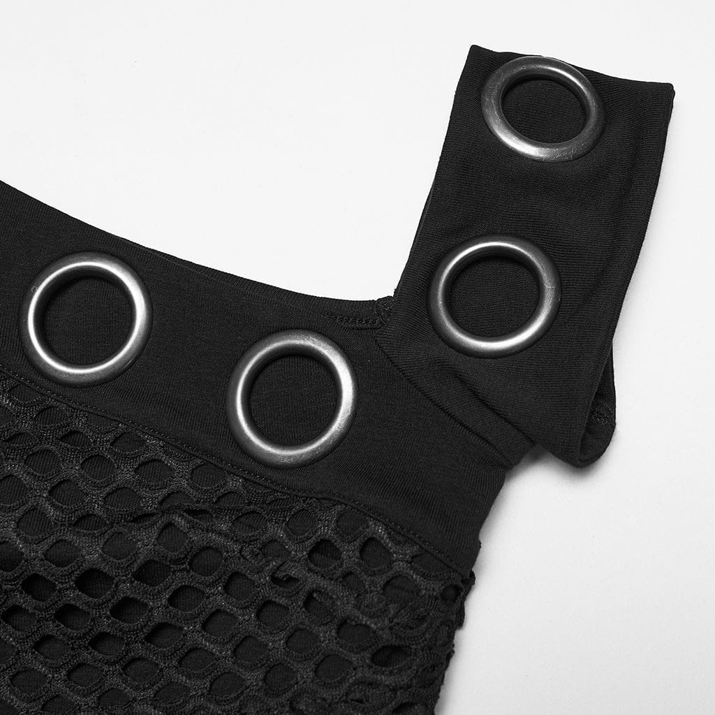 PUNK RAVE Women's Punk Eyelet Mesh Splice Slant Shoulder Shirt