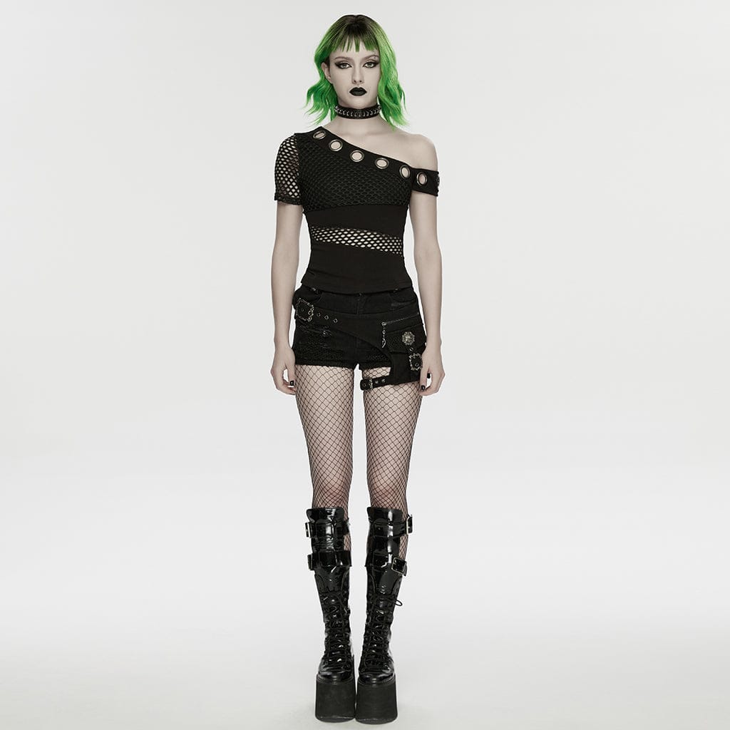 PUNK RAVE Women's Punk Eyelet Mesh Splice Slant Shoulder Shirt