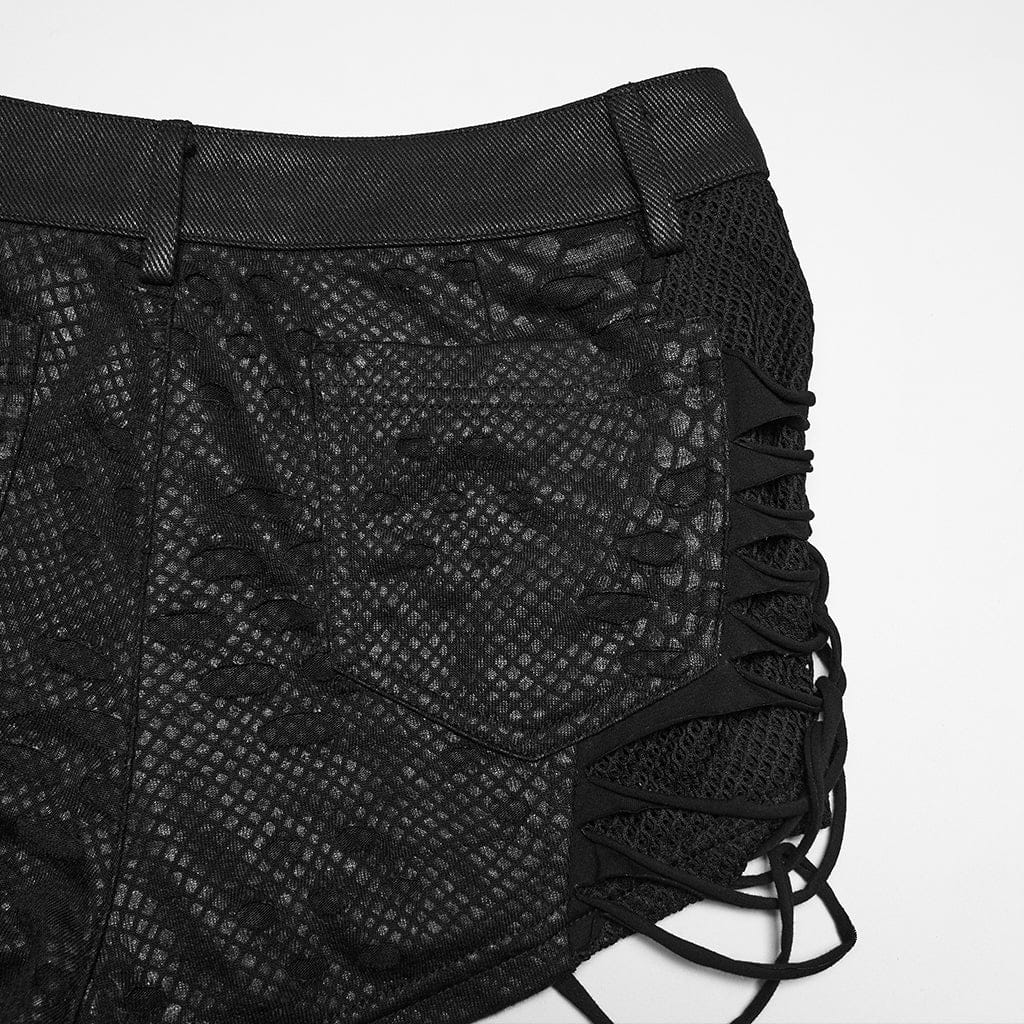 PUNK RAVE Women's Punk Eyelet Ripped Low Waist Shorts