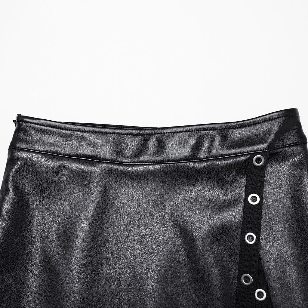 PUNK RAVE Women's Punk Eyelet Split Faux Leather Skirt