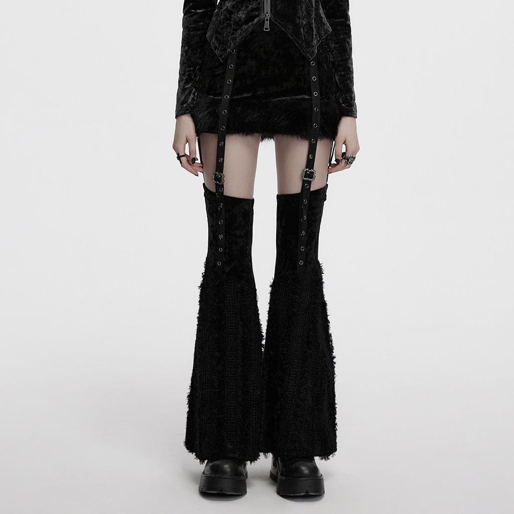 PUNK RAVE Women's Punk Eyelet Strap Faux Fur Splice Velvet Skirt with Leg Warmers