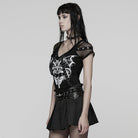 PUNK RAVE Women's Punk Eyelet Strap Mesh Splice Printed T-shirt