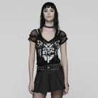PUNK RAVE Women's Punk Eyelet Strap Mesh Splice Printed T-shirt