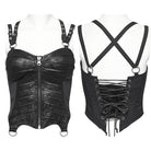 PUNK RAVE Women's Punk Faux Leather Halterneck Front Zipper Overbust Corsets
