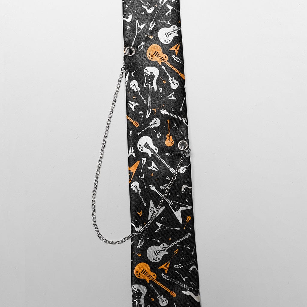 PUNK RAVE Women's Punk Guitar Printed Tie with Chain