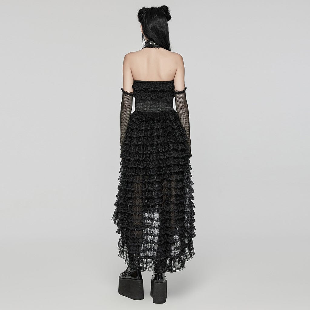 PUNK RAVE Women's Punk Halterneck Ruffled Lace Party Dress Black