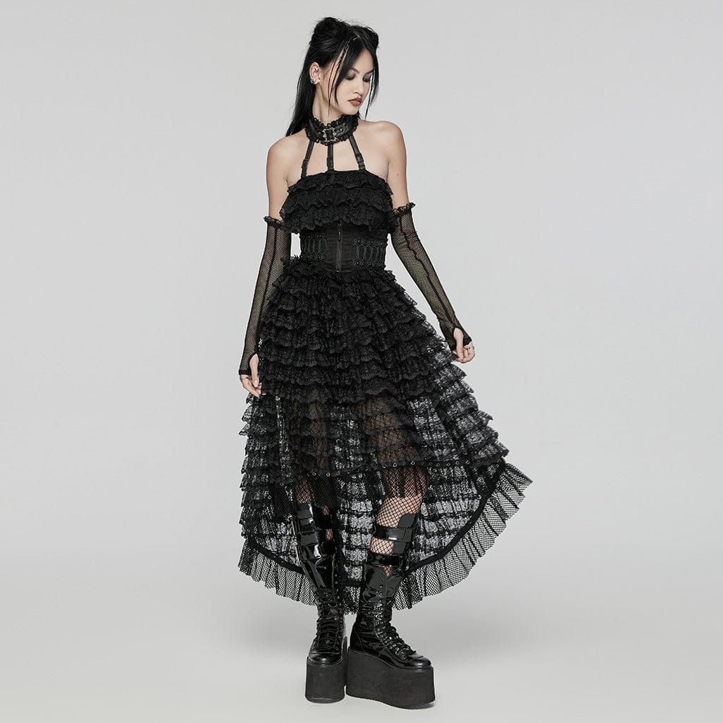 PUNK RAVE Women's Punk Halterneck Ruffled Lace Party Dress Black