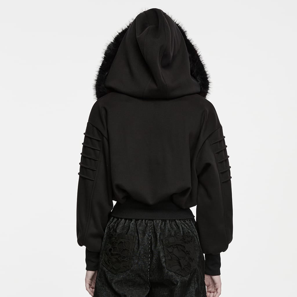 PUNK RAVE Women's Punk Hooded Detachable Faux Fur Trim Studded Jacket