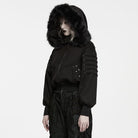 PUNK RAVE Women's Punk Hooded Detachable Faux Fur Trim Studded Jacket