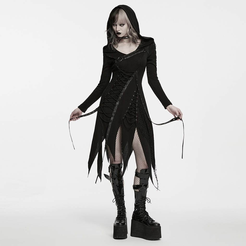 PUNK RAVE Women's Punk Hooded Lace-up Asymmetric Hem Long Sleeve Dress