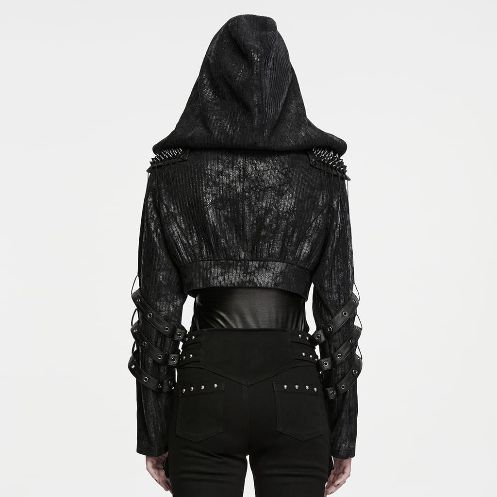 PUNK RAVE Women's Punk Hooded Spiked Shoulder Eyelet Strap Cropped Jacket
