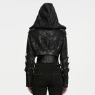 PUNK RAVE Women's Punk Hooded Spiked Shoulder Eyelet Strap Cropped Jacket