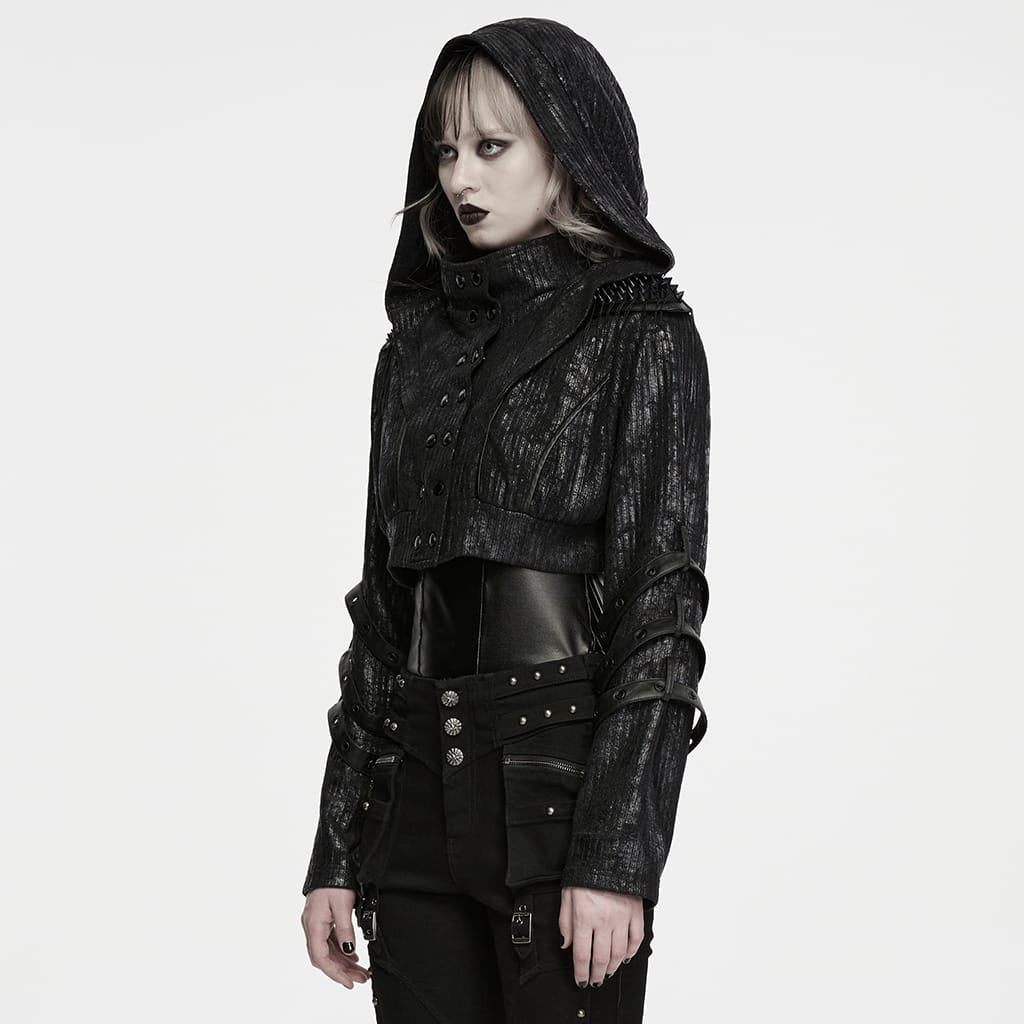 PUNK RAVE Women's Punk Hooded Spiked Shoulder Eyelet Strap Cropped Jacket