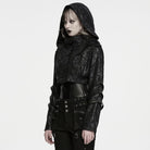 PUNK RAVE Women's Punk Hooded Spiked Shoulder Eyelet Strap Cropped Jacket