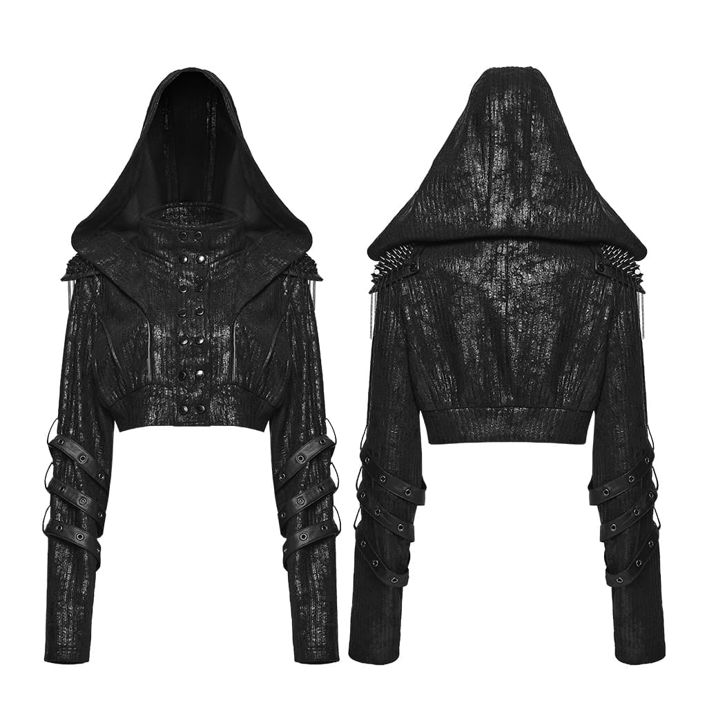 PUNK RAVE Women's Punk Hooded Spiked Shoulder Eyelet Strap Cropped Jacket