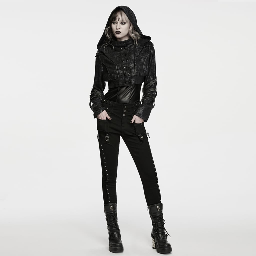 PUNK RAVE Women's Punk Hooded Spiked Shoulder Eyelet Strap Cropped Jacket